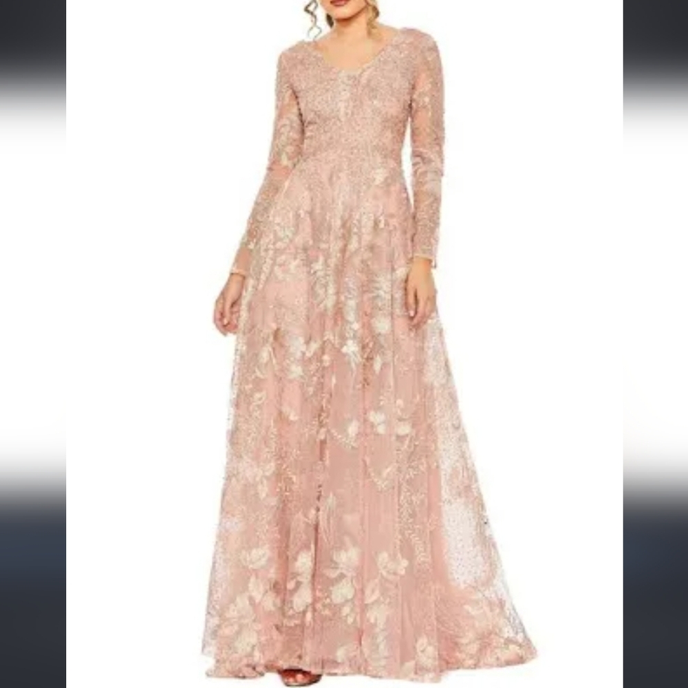 Mac Duggal Rose Pink  Floral Lace Maxi Gown Embellished Long Sleeve Gown Dress